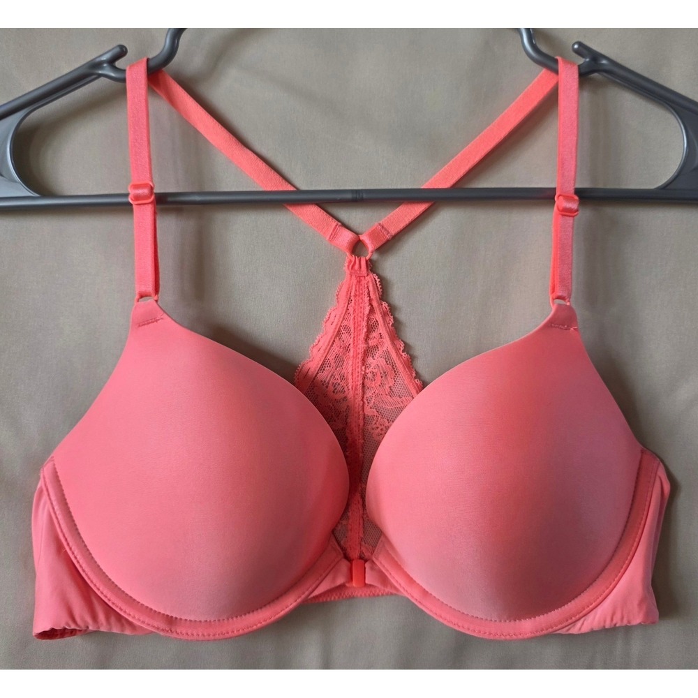 Victoria's Secret Pink Coral Lace Racerback Front Close Push Up Bra 36B